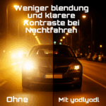 Vergleichsbild: Weniger Blendung und klarere Kontraste beim Nachtfahren mit yodlyodl Brille