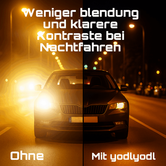 Vergleichsbild: Weniger Blendung und klarere Kontraste beim Nachtfahren mit yodlyodl Brille